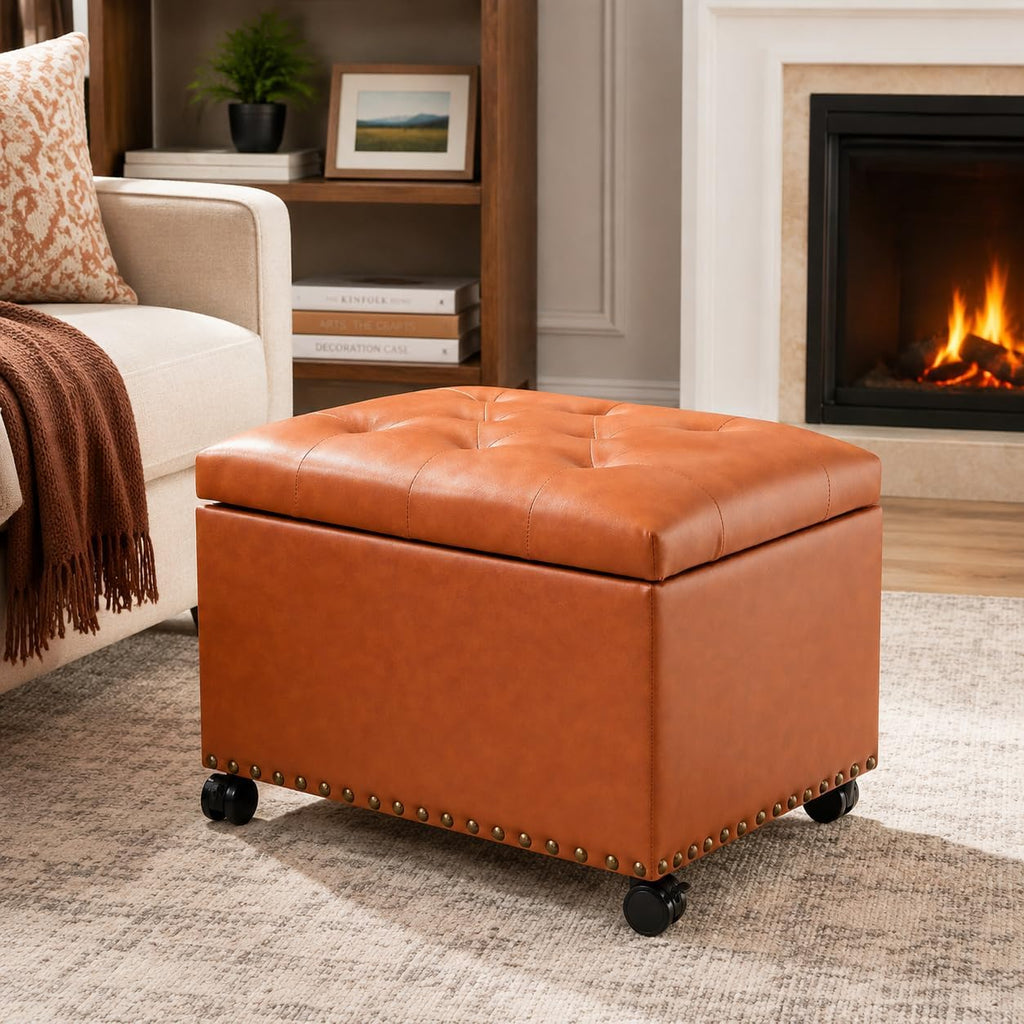 Joveco PU Leather Rolling Storage Ottoman, 24" Tufted Lid, Nailhead Trim & Hidden Storage,Elegant Footrest & Organizer on Caster Wheels for Living Room, Bedroom, Entryway(Orange Brown,Wheels)