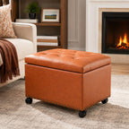 Joveco PU Leather Rolling Storage Ottoman, 24" Tufted Lid, Nailhead Trim & Hidden Storage,Elegant Footrest & Organizer on Caster Wheels for Living Room, Bedroom, Entryway(Orange Brown,Wheels)