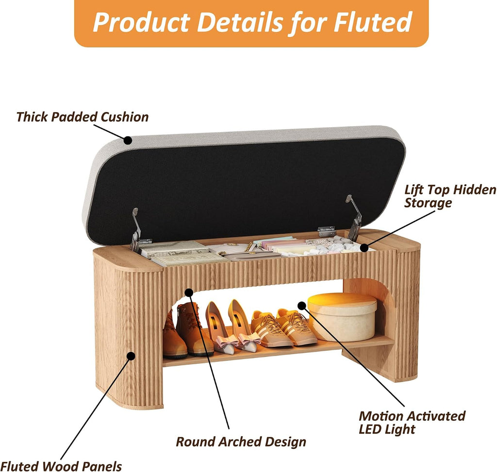 HOMEFORT 40.2" Fluted Storage Bench with Built-in LED Light, Flip-Top Shoe Bench with Cushioned Seat and Open Storage Shelf,Wood Accent Arched Bench for Entryway, Bedroom, Living Room, Natural Oak