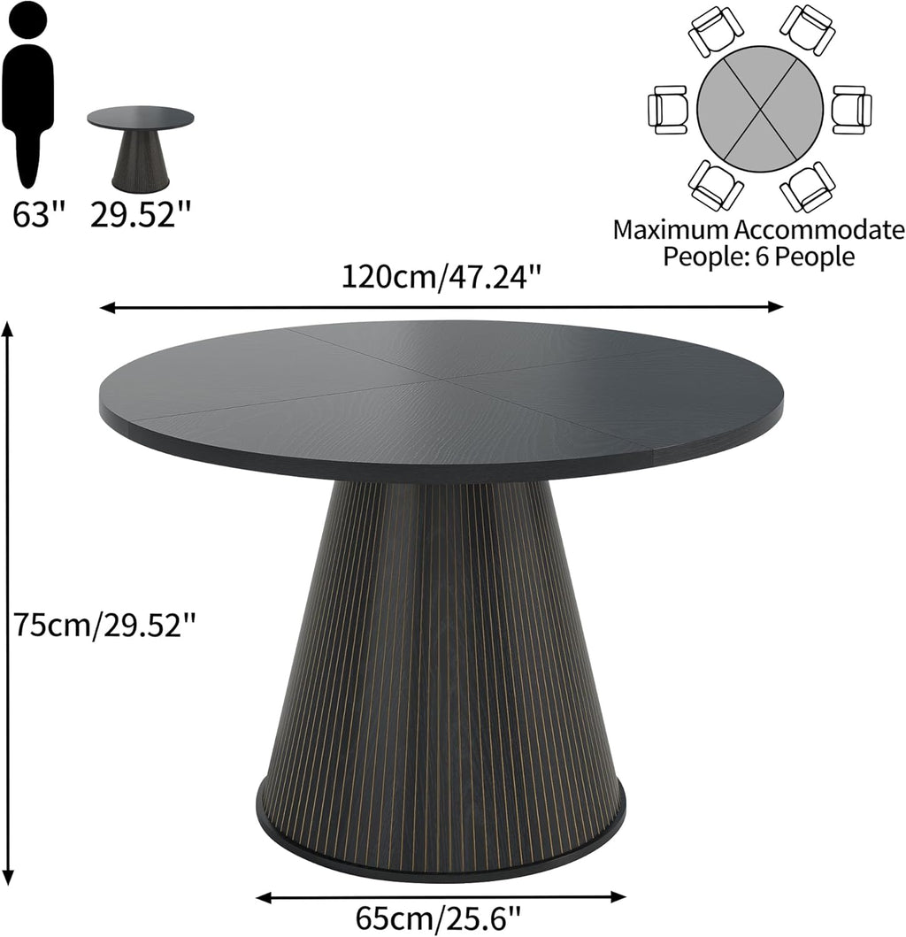 47 inch Round Dining Table for 4-6, Circle Kitchen Table with Sturdy Tapered Base, Mid Century Modern Fluted Dining Tables for Dining Room, Kitchen, Living Room (Black, 47inch)