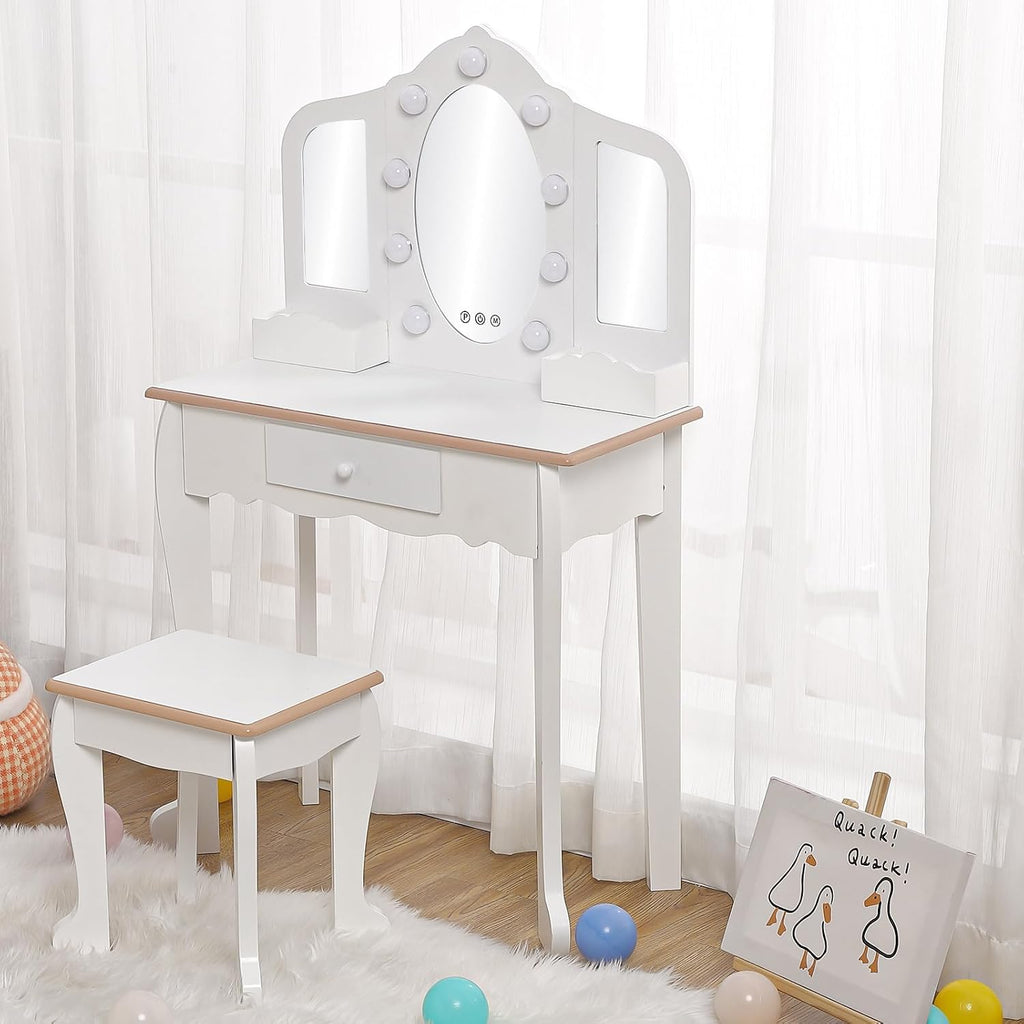 Garvee Kids Vanity with Tri-Fold Lighted Mirror, Stool, & Makeup Playset | Little Girls Vanity Table & Stool, Kids Makeup with Tri-Fold Mirror, Drawer & Storage Grid for 3-9 Yrs Girls, White