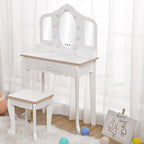 Garvee Kids Vanity with Tri-Fold Lighted Mirror, Stool, & Makeup Playset | Little Girls Vanity Table & Stool, Kids Makeup with Tri-Fold Mirror, Drawer & Storage Grid for 3-9 Yrs Girls, White