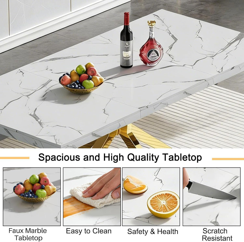 5 Piece Marble Dining Set for 4, 70.87" Rectangular Dining Room Table with 4 Grey Velvet Chairs, Gold Stainless Steel Frame, Luxury Modern Kitchen Table Set for Dining Room, Easy Assembly