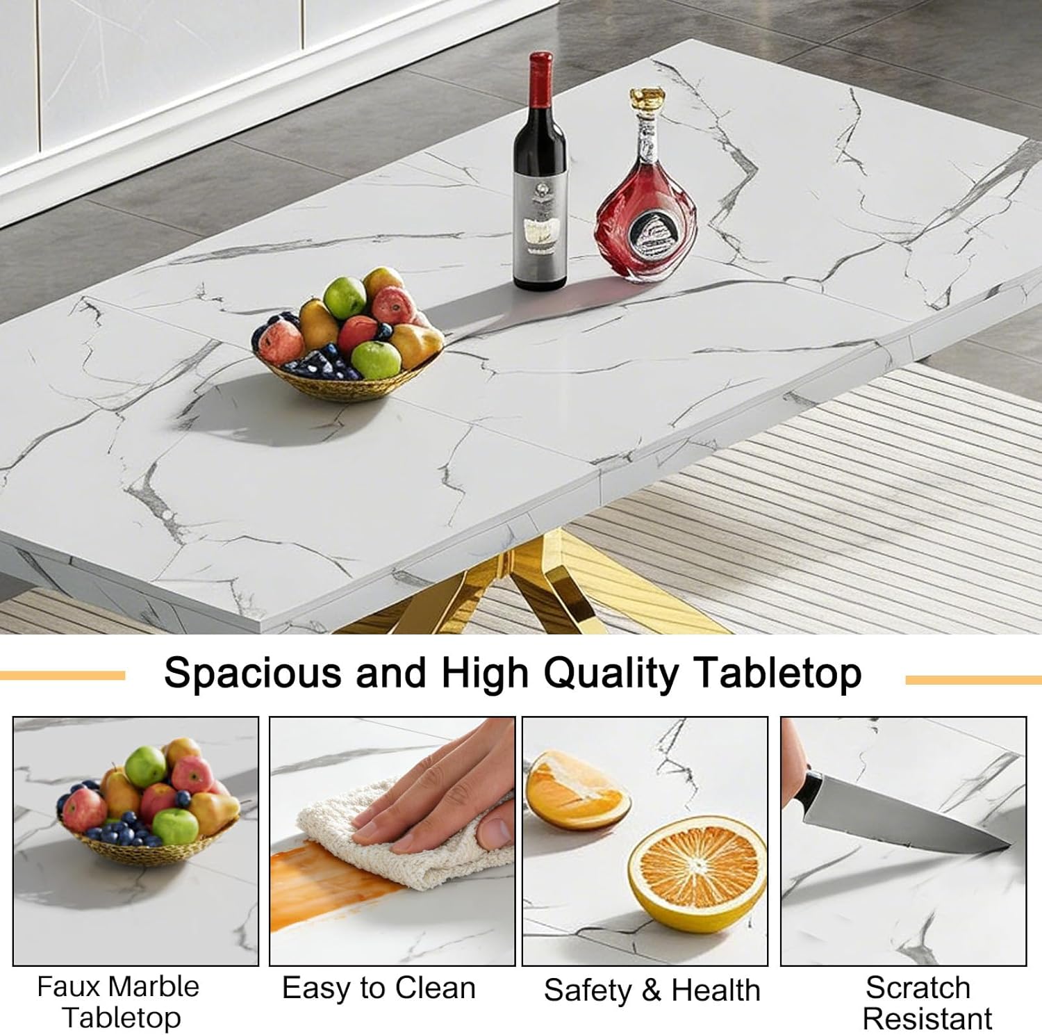 5 Piece Marble Dining Set for 4, 70.87" Rectangular Dining Room Table with 4 Grey Velvet Chairs, Gold Stainless Steel Frame, Luxury Modern Kitchen Table Set for Dining Room, Easy Assembly