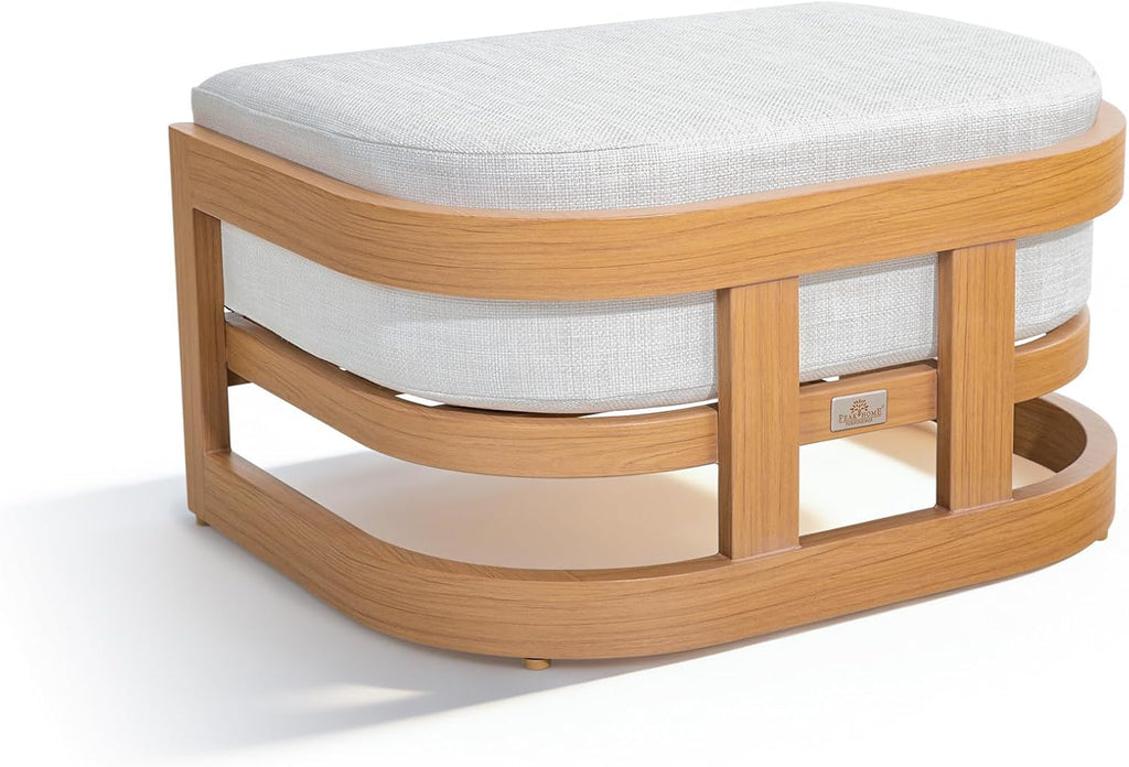 PEAK HOME FURNISHINGS Outdoor Patio Ottoman in Aluminum with Cushion, Teak Finish