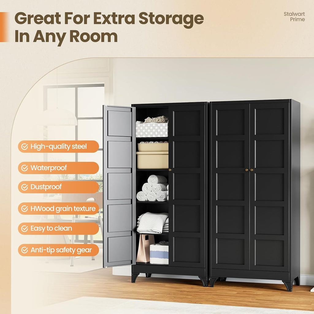Yizosh Metal Storage Cabinet with 2 Doors and 4 Adjustable Shelves - 71" Black Kitchen Pantry Storage Cabinet,4-Tier Tall Steel Cabinet Locker for Living Room,Dining Room,Kitchen