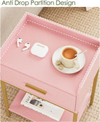 Nightstand, Modern Bedside Table with Drawer and Legs,Pink and Gold Night Stand with Open Shelf, Narrow Side Table for Bedroom, Living Room