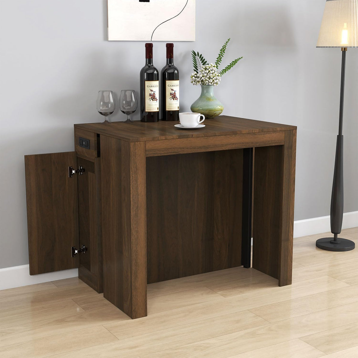 Modern Extendable Dining Table with Built-in Outlet – Seats 2 to 12 People, Space Saving Console to Full-Size Table with 5 Extension Panels & Storage, Kitchen Table for Dining Room, Meeting, Party