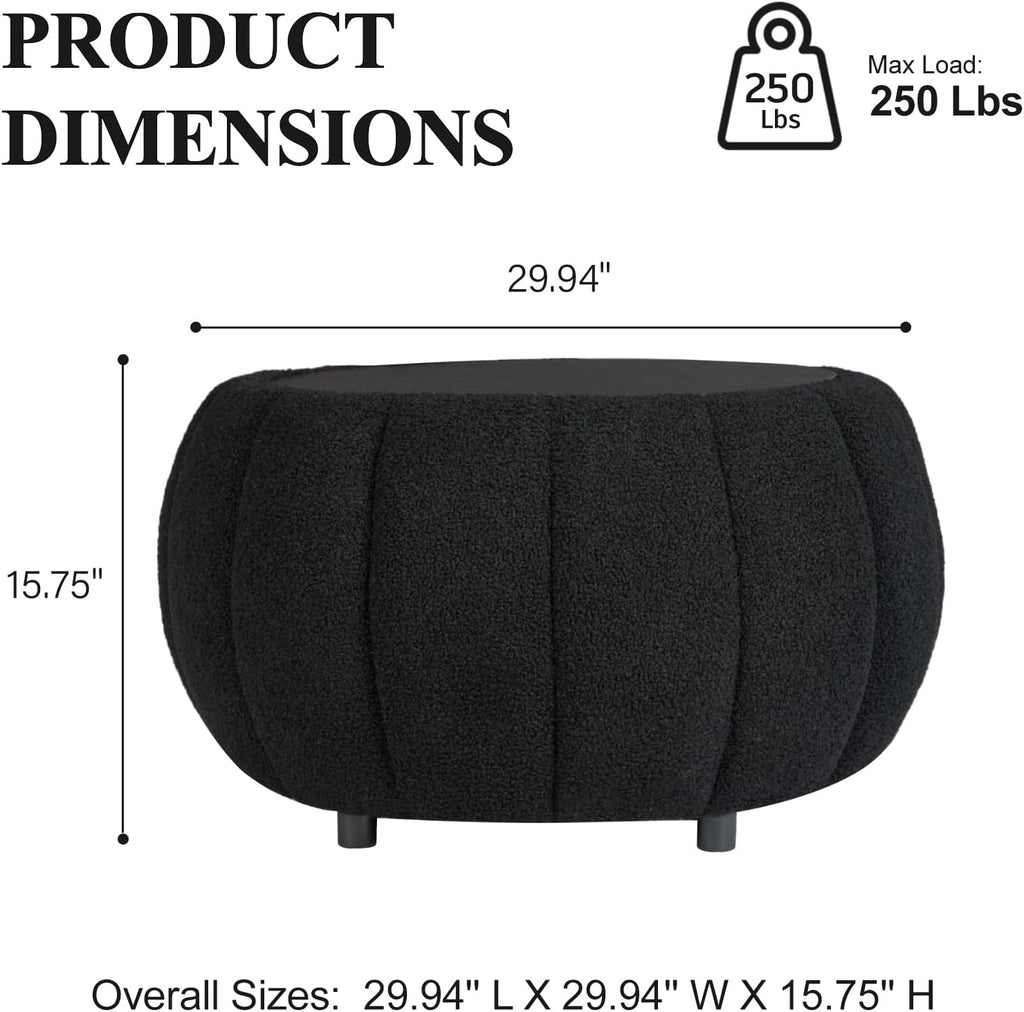 YDcosyfy 30 Inches Round Ottoman Coffee Table with Storage, Upholstered Ottoman in Boucle Teddy Fabric, Wooden Top with Tray, Soft Pumpkin Shape Design,for Living Room, Bedroom, Lounge, Black