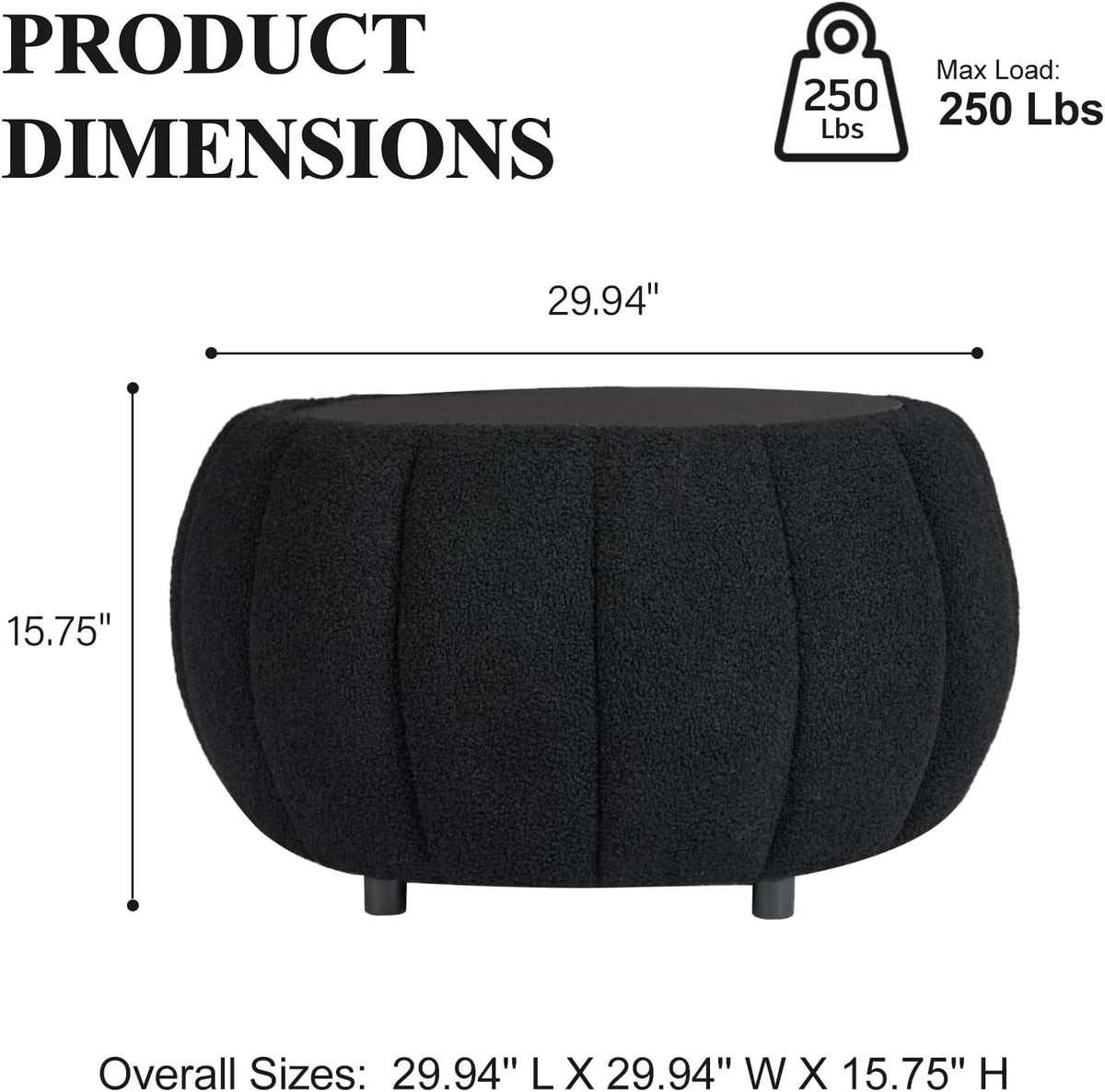 YDcosyfy 30 Inches Round Ottoman Coffee Table with Storage, Upholstered Ottoman in Boucle Teddy Fabric, Wooden Top with Tray, Soft Pumpkin Shape Design,for Living Room, Bedroom, Lounge, Black