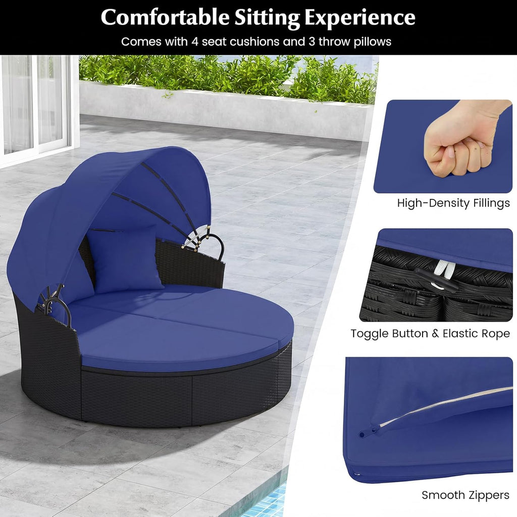 RELAX4LIFE Round Outdoor Daybed with Canopy - Wicker Sectional Sofa Sunbed w/Cushions & 3 Pillows, Rattan Clamshell Conversation Lounger Separated Seating Set for Garden Porch, Patio Day Bed (Navy)