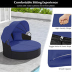 RELAX4LIFE Round Outdoor Daybed with Canopy - Wicker Sectional Sofa Sunbed w/Cushions & 3 Pillows, Rattan Clamshell Conversation Lounger Separated Seating Set for Garden Porch, Patio Day Bed (Navy)