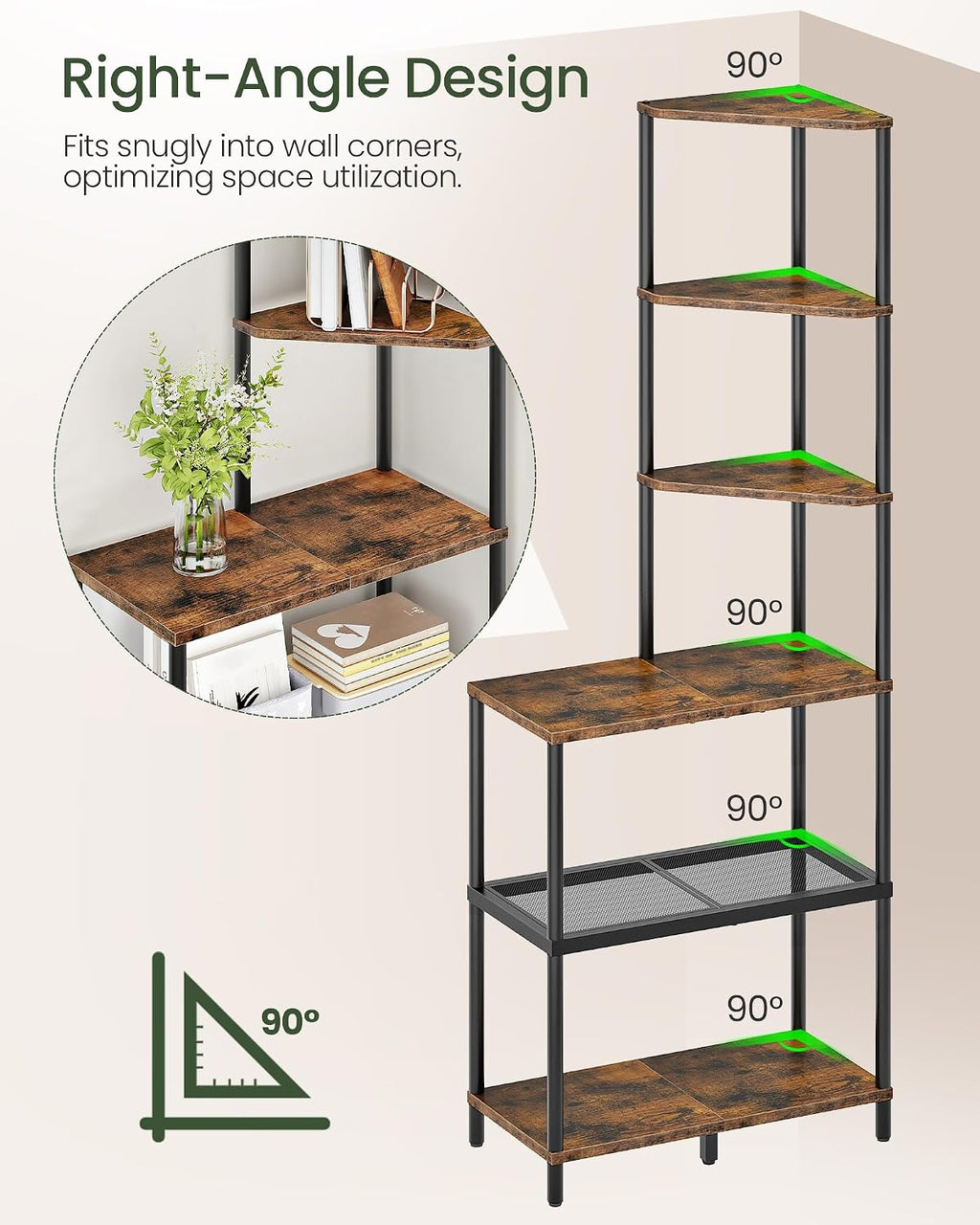 CHOEZON 6-Tier Corner Shelf, Industrial Corner Bookshelf with Desk Top, Diamond-Shaped Storage Shelves, Display Stand for Small Spaces, Living Room, Home Office, Foyer, Rustic Brown and Black TCJ70BF