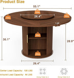 55" Round Dining Room Table with Lazy Susan, Mid-Century Modern Kitchen Table, Pedestal Storage with Wavy Sliding Doors, Seats 6, Stable Rounded Base, Easy-Clean Finish (Walnut)