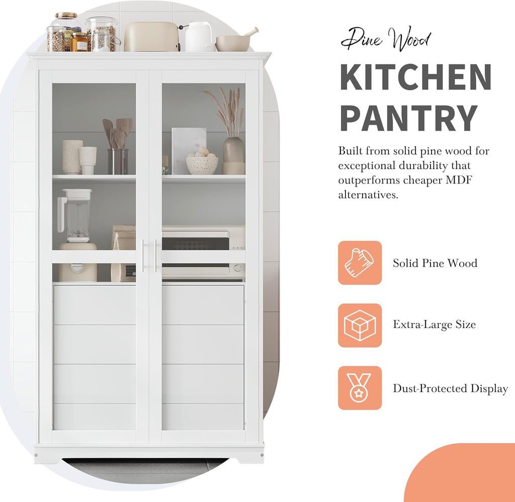 roomfitters 75" Kitchen Pantry, Freestanding Storage Cabinet Display Cabinet with Glass Doors and 4 Drawers, White