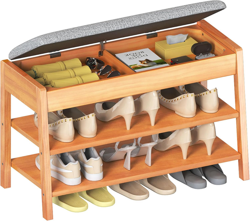 Shoe Rack Bench with Storage, 2-Tier Entryway Bench with Cotton-Linen Cushion, Flip-Open Solid Wood Storage Organizer for Hallway, Living Room, Bedroom, 31.5”