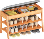 Shoe Rack Bench with Storage, 2-Tier Entryway Bench with Cotton-Linen Cushion, Flip-Open Solid Wood Storage Organizer for Hallway, Living Room, Bedroom, 31.5”