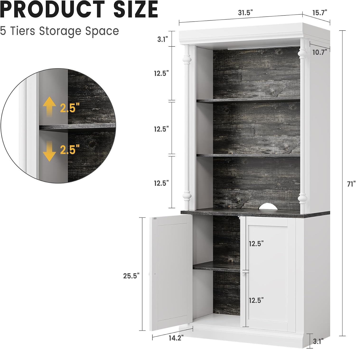 GAOMON 71" Tall Pantry Cabinet with LED Lights, Freestanding Storage Cabinets with Hutch, Kitchen Pantry with 2 Doors and Adjustable Shelves for Dining Room, Living Room
