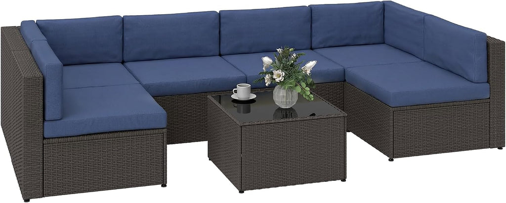Outsunny 7 Piece Patio Furniture Set, Wicker Outdoor Sectional Sofa Set, All Weather PE Rattan Outdoor Furniture Conversation Sets with Cushions, Glass Top Coffee Table, Dark Blue