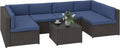 Outsunny 7 Piece Patio Furniture Set, Wicker Outdoor Sectional Sofa Set, All Weather PE Rattan Outdoor Furniture Conversation Sets with Cushions, Glass Top Coffee Table, Dark Blue