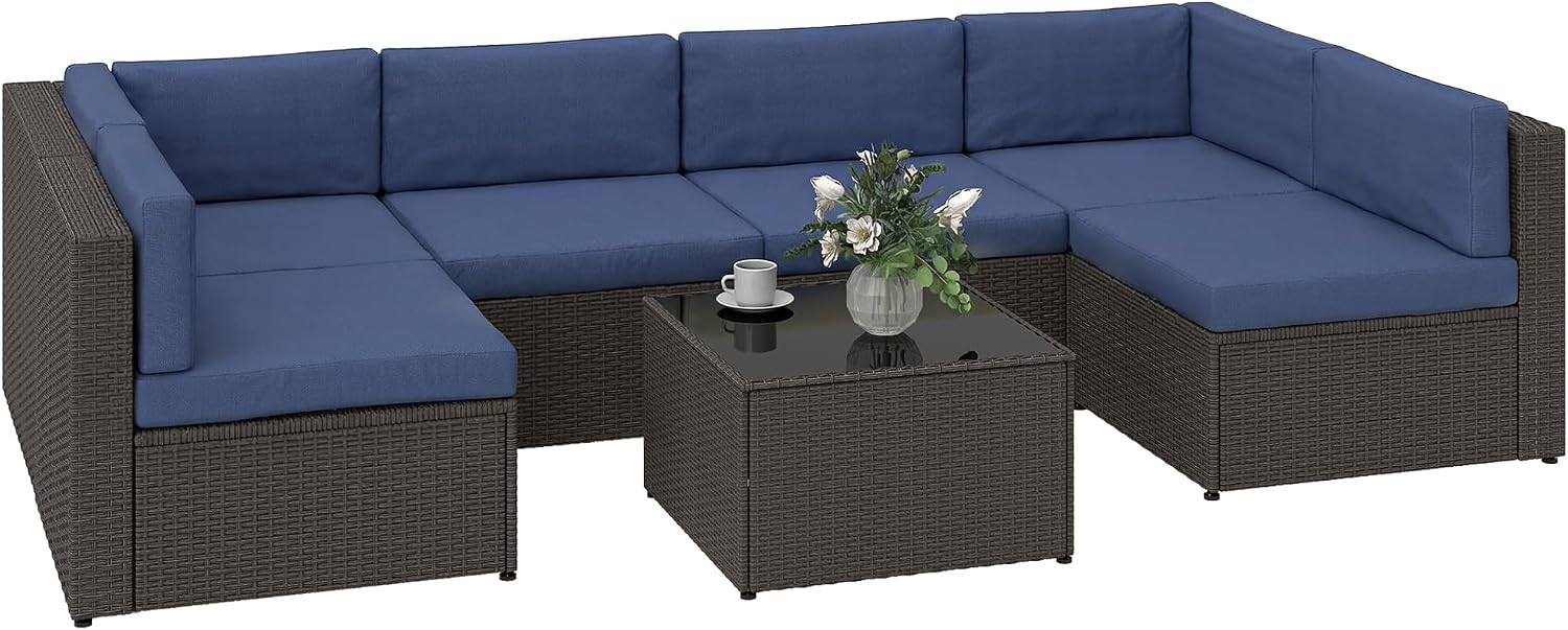 Outsunny 7 Piece Patio Furniture Set, Wicker Outdoor Sectional Sofa Set, All Weather PE Rattan Outdoor Furniture Conversation Sets with Cushions, Glass Top Coffee Table, Dark Blue