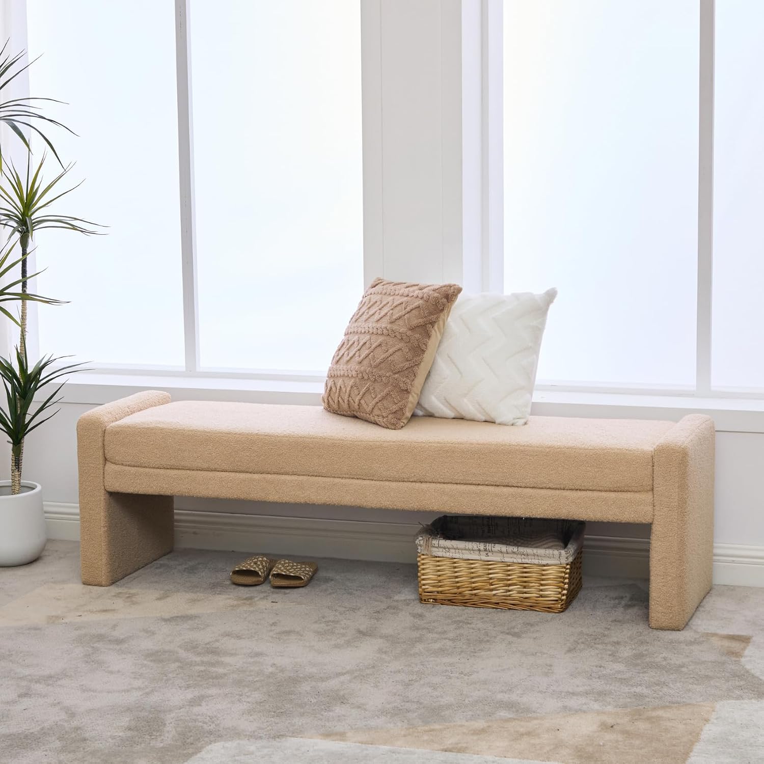 Shoe Bench for Entryway, 66.9''W Modern Boucle King Size End of Bed Bench for Bedroom, Cloakroom, Window, Wheat.