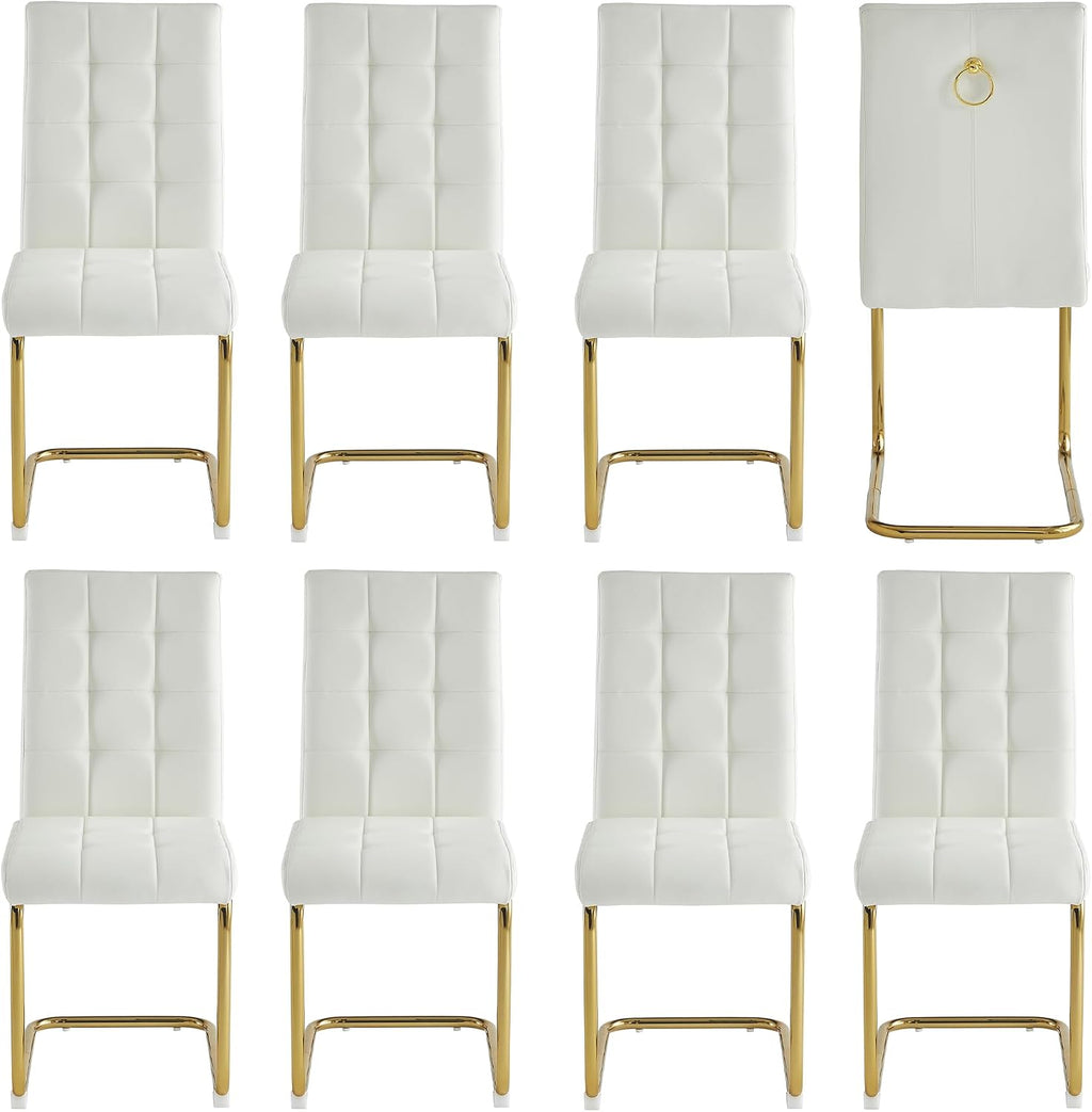 Modern Dining Chairs Set of 8, White PU Leather Chairs with Pull Ring Backrest and Gold Stainless Steel Legs, Easy-to-Assemble Kitchen Chairs for Dining Room, Living Room, or Bedroom
