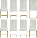 Modern Dining Chairs Set of 8, White PU Leather Chairs with Pull Ring Backrest and Gold Stainless Steel Legs, Easy-to-Assemble Kitchen Chairs for Dining Room, Living Room, or Bedroom