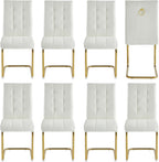 Modern Dining Chairs Set of 8, White PU Leather Chairs with Pull Ring Backrest and Gold Stainless Steel Legs, Easy-to-Assemble Kitchen Chairs for Dining Room, Living Room, or Bedroom
