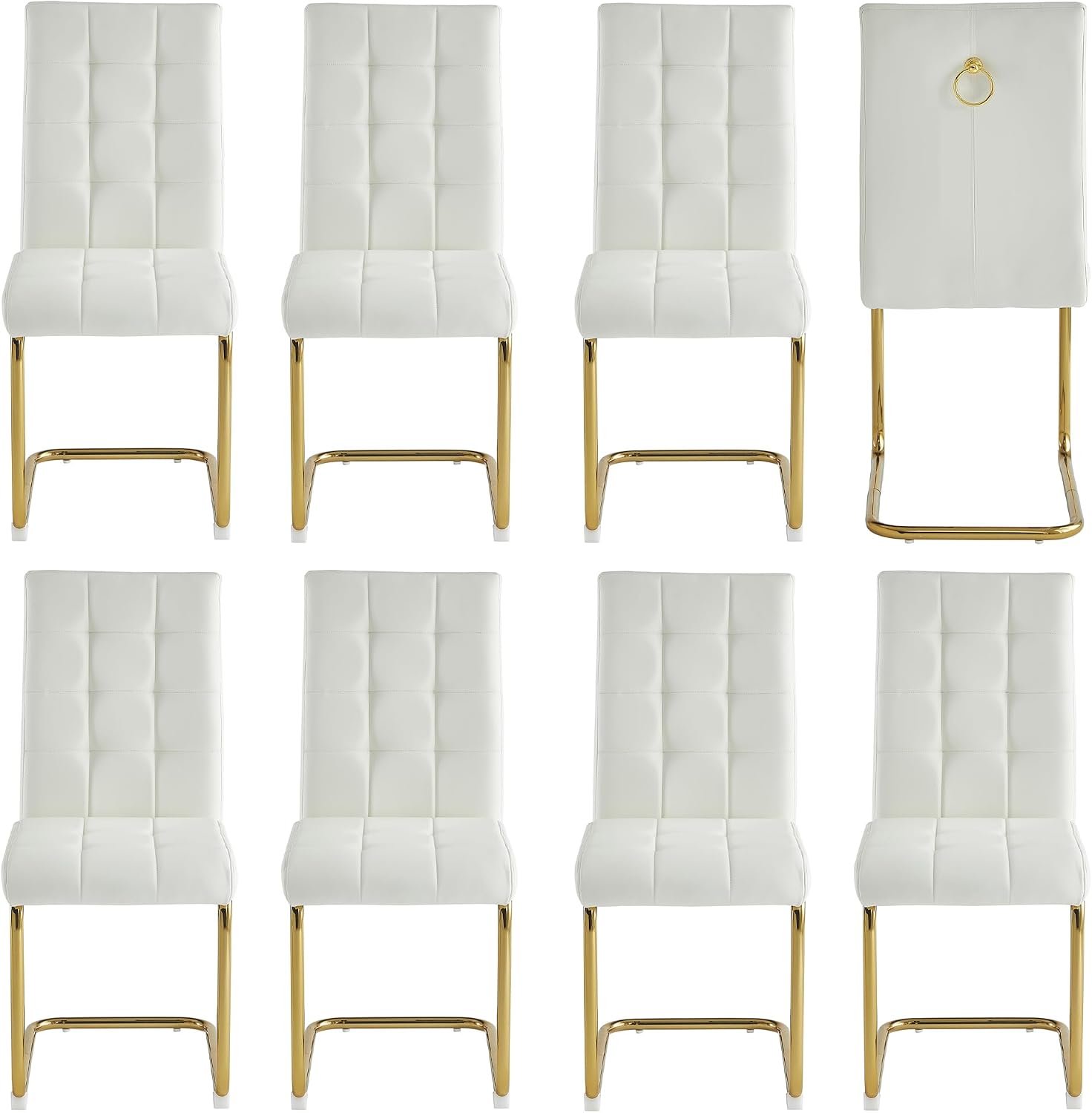 Modern Dining Chairs Set of 8, White PU Leather Chairs with Pull Ring Backrest and Gold Stainless Steel Legs, Easy-to-Assemble Kitchen Chairs for Dining Room, Living Room, or Bedroom