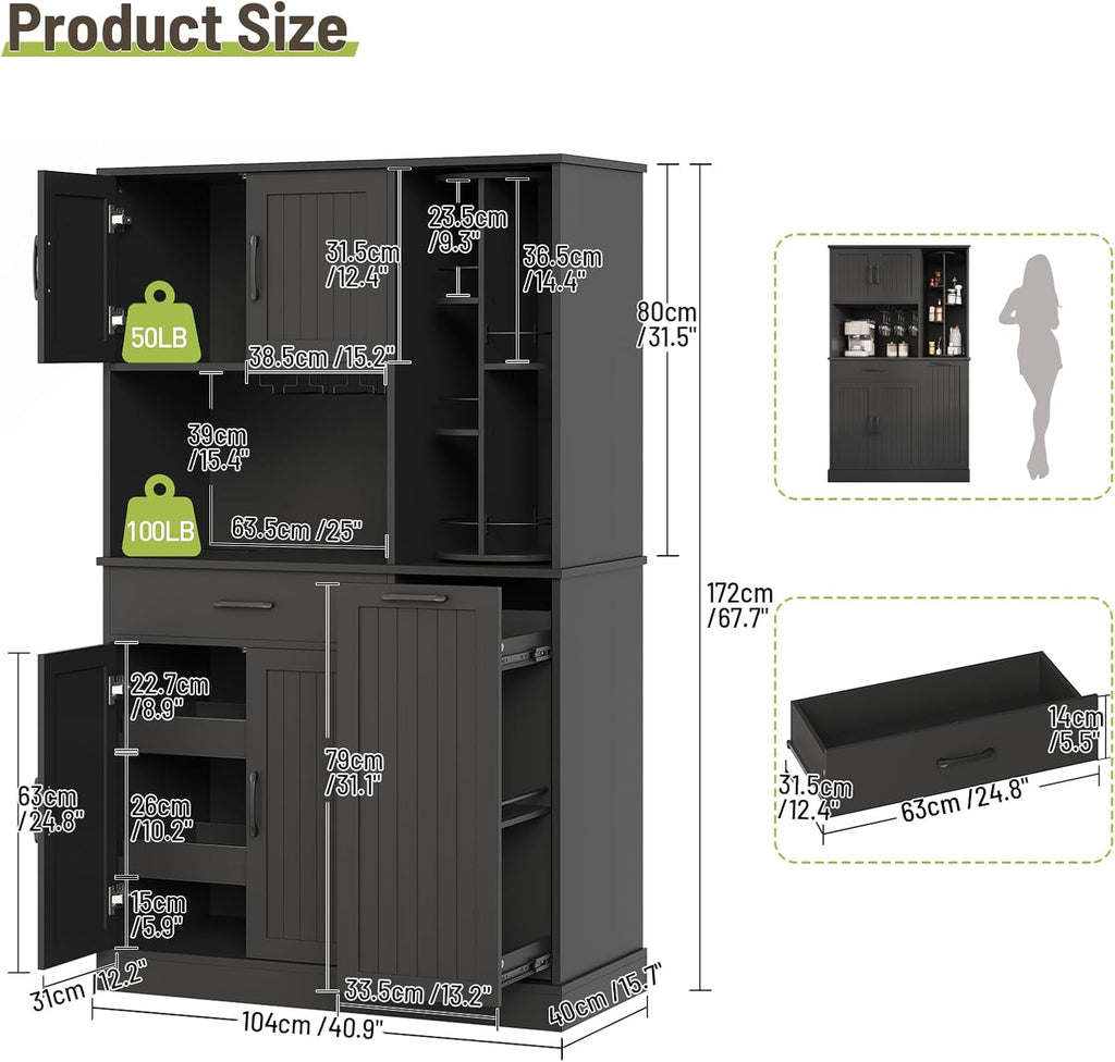 Pantry Cabinet, 67.7" Tall Kitchen Pantry Storage Cabinet with 360° Rotating Shelf & 2 Pull-Out Racks, Freestanding Kitchen Hutch with Charging Station & Drawer, for Dining Room, Black