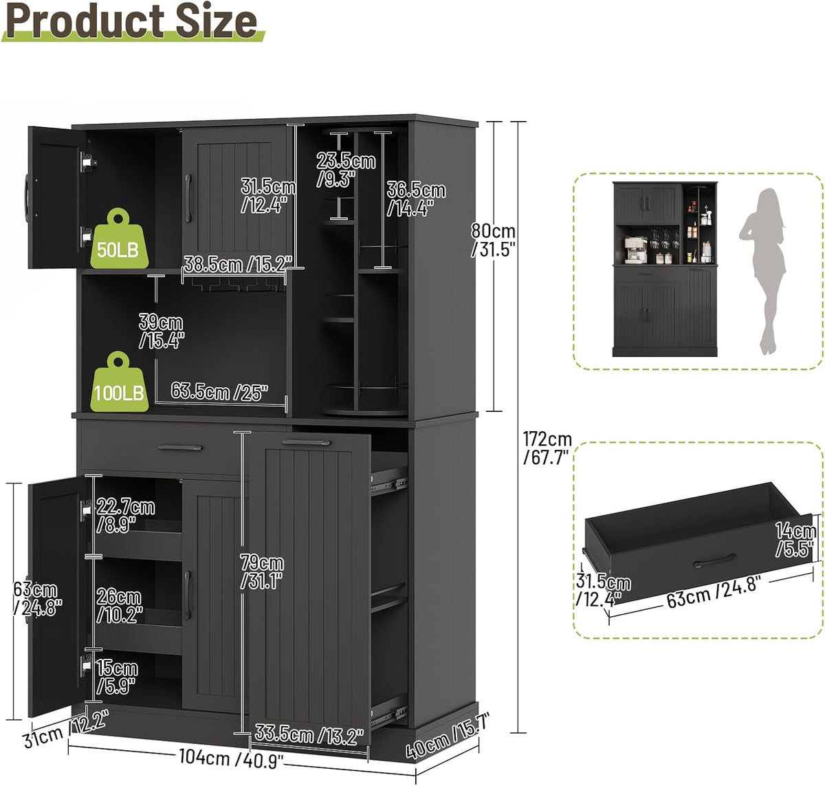 Pantry Cabinet, 67.7" Tall Kitchen Pantry Storage Cabinet with 360° Rotating Shelf & 2 Pull-Out Racks, Freestanding Kitchen Hutch with Charging Station & Drawer, for Dining Room, Black