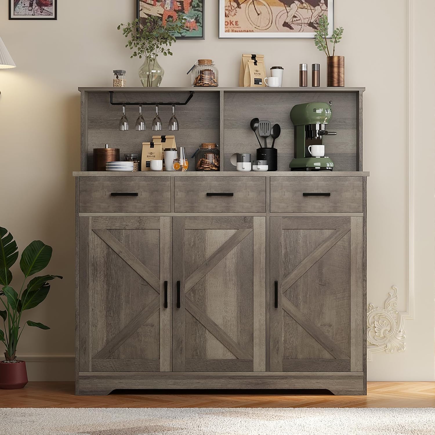 IDEALHOUSE Farmhouse Buffet Sideboard with Microwave Stand, Barn Door Storage Cabinet with Drawers and Shelves, Wood Coffee Bar for Kitchen, Dining Room, Living Room, Brown