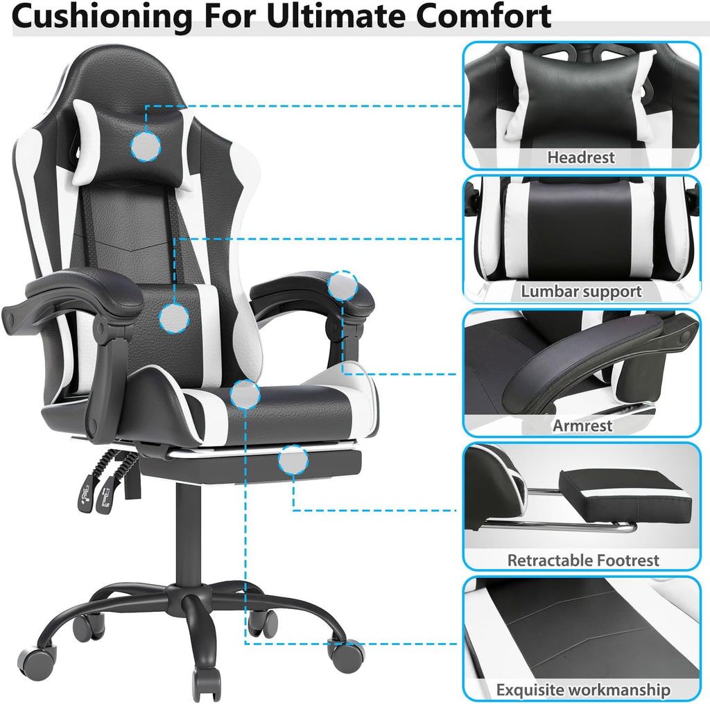 OS MOTOR Gaming Chair with Headrest and Lumbar Support, White | Ergonomic High Back Office Chair, Racing Style Executive Computer Desk Chair, Leather Adjustable Swivel Task Chair, Home