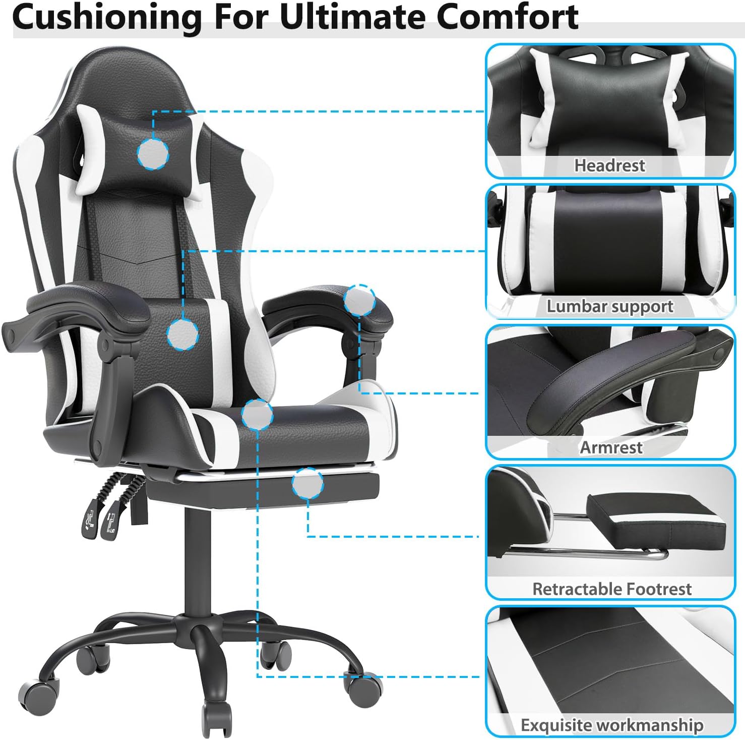 OS MOTOR Gaming Chair with Headrest and Lumbar Support, White | Ergonomic High Back Office Chair, Racing Style Executive Computer Desk Chair, Leather Adjustable Swivel Task Chair, Home