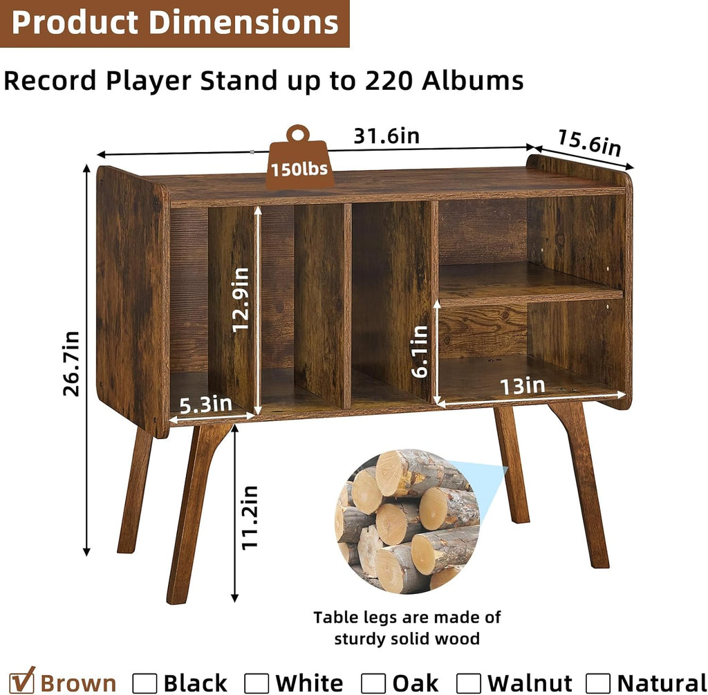 Lerliuo Record Player Stand with 4 Cabinet Holds Up to 220 Albums,Brown | Large Turntable Stand with Wood Legs, Mid-Century Record Player Table,Vinyl Holder Storage for Bedroom Living Room