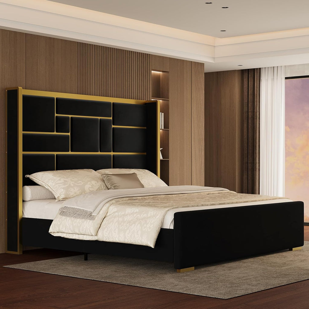 Queen Bed Frame with 55.12" Tall Headboard, Black and Gold