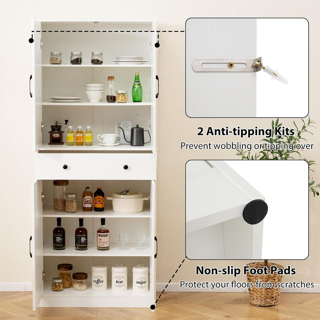 GOFLAME 72” Tall Pantry, Modern Farmhouse Cupboard Cabinet with 4 Barn Doors, Storage Drawer & 3 Adjustable Shelves, Versatile Storage with Anti-TIPP Kits for Living Room, Dining Room, White