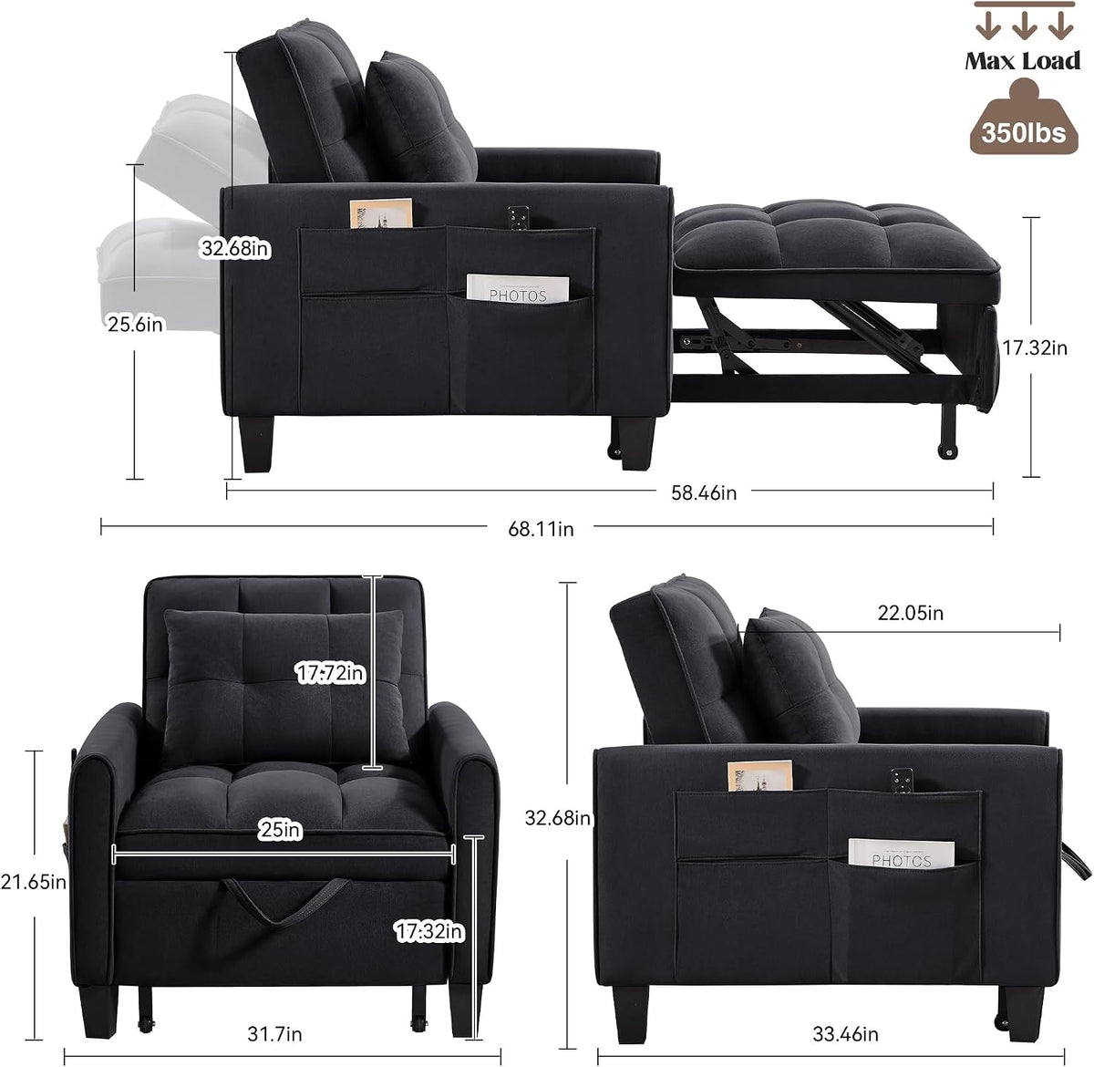 Convertible Sleeper Chair, 3 in 1 Sleeper Chair Bed Pull Out Sofa Bed Chairs, Single Sofa with Adjustable Backrest for Adults Reading Living Room, Bedroom, Velvet Black