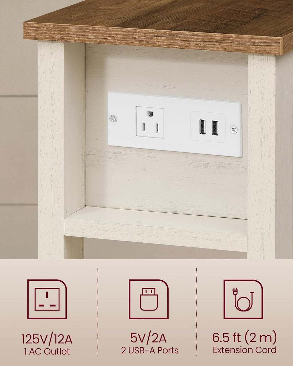 VASAGLE Farmhouse End Table with Storage Drawer, Narrow Side Table with Charging Station, Nightstand, Easy Assembly, for Living Room, Bedroom, Honey Brown and Rustic White ULET328W01