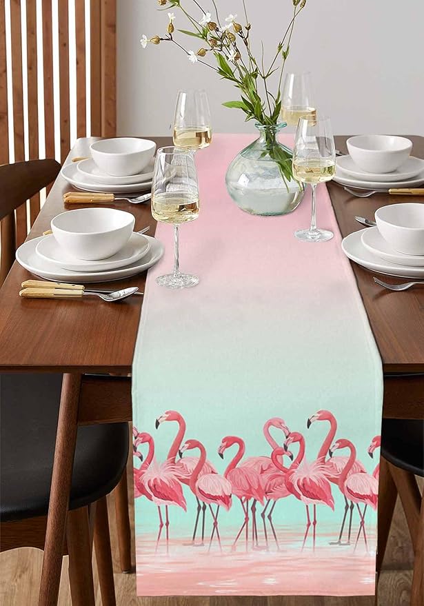 Tropical Flamingo Cotton Linen Table Runner for Dining Kitchen, Wedding Outdoor Party Tablerunners Decoration, Pink Bird Coastal Nautical Animal Dresser Scarf Coffee Tablecloth Runners 13x120 Inches
