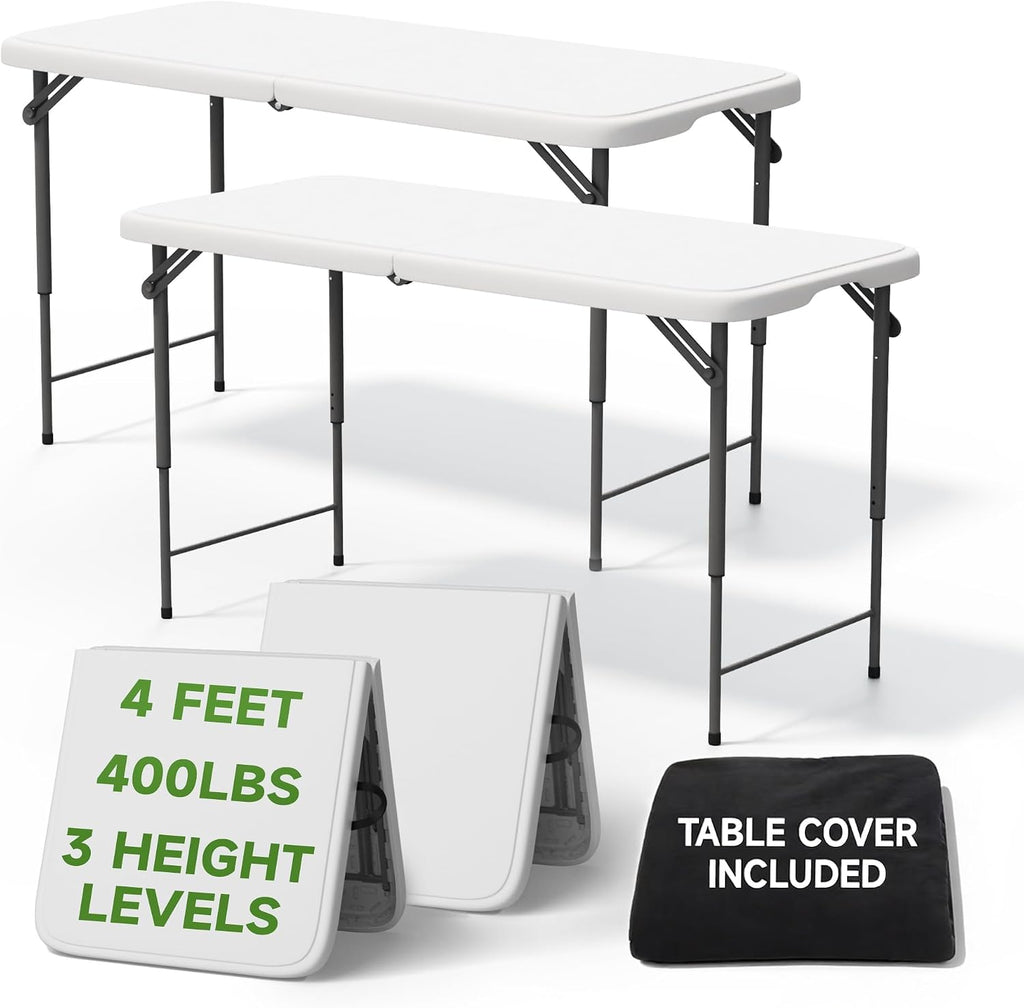 4 Foot Folding Table with Black Table Cloth - Quick 2-Position Adjustable Height, 400 lbs Heavy Duty Capacity - Portable Folding Tables for Camping,Indoor & Outdoor Use, 2 Pack