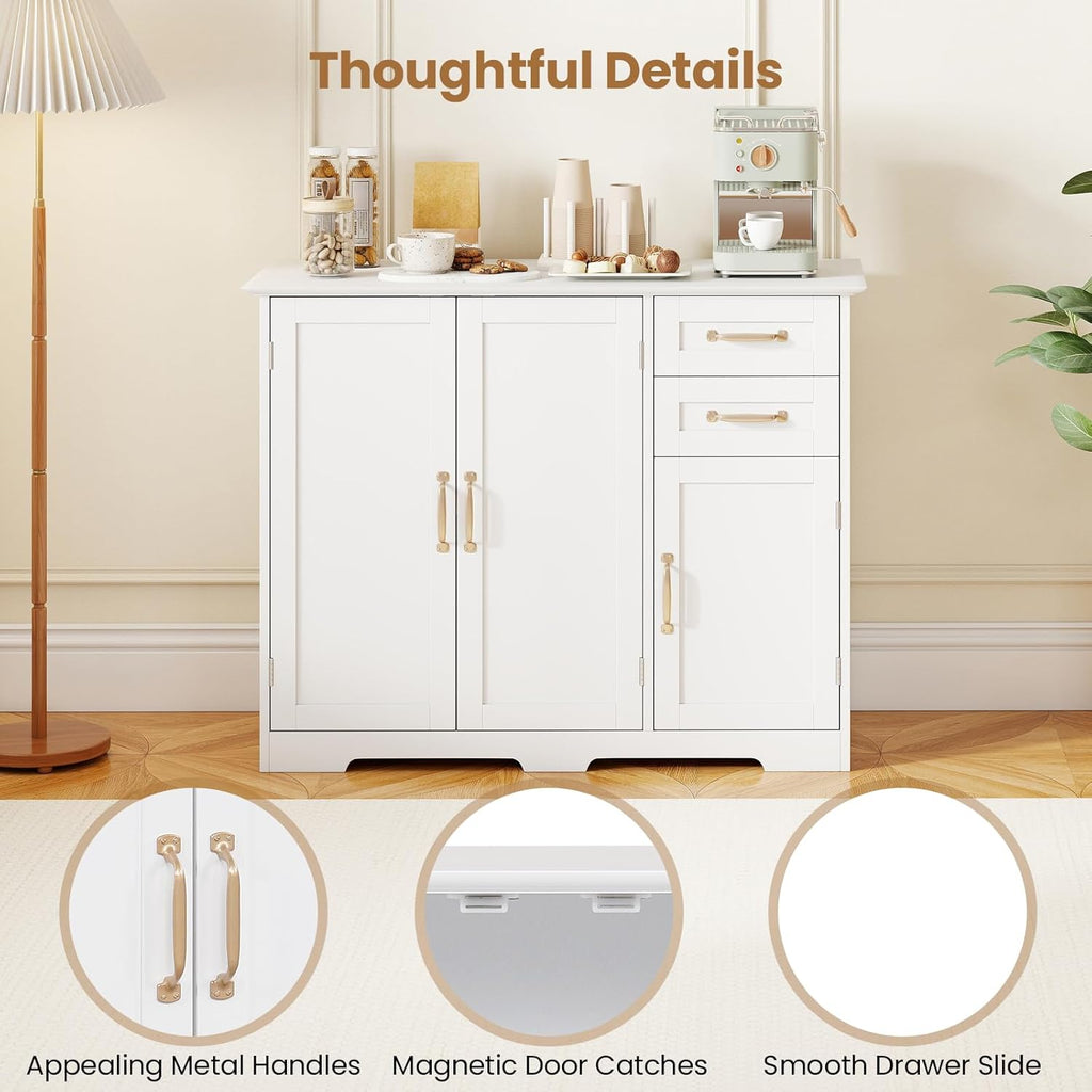 Giantex Sideboard Buffet Cabinet, Modern White Sideboard Cabinet with 2 Drawers, 3 Doors & Adjustable Shelf, Wooden Coffee Station, 40’’ Storage Buffet Table for Kitchen, Living Room, Entryway
