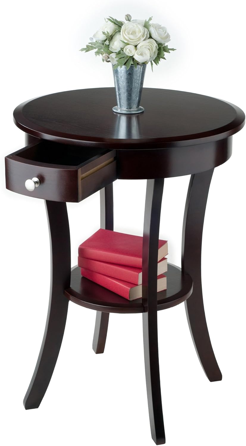 Casafoyer Wood Sasha Accent Table, 20" Round Top, 27" High, Solid Wood with Drawer & Shelf, Elegant Curved Design in Cappuccino Finish, Versatile for Living Room, Bedroom, or Entryway