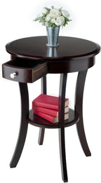Casafoyer Wood Sasha Accent Table, 20" Round Top, 27" High, Solid Wood with Drawer & Shelf, Elegant Curved Design in Cappuccino Finish, Versatile for Living Room, Bedroom, or Entryway