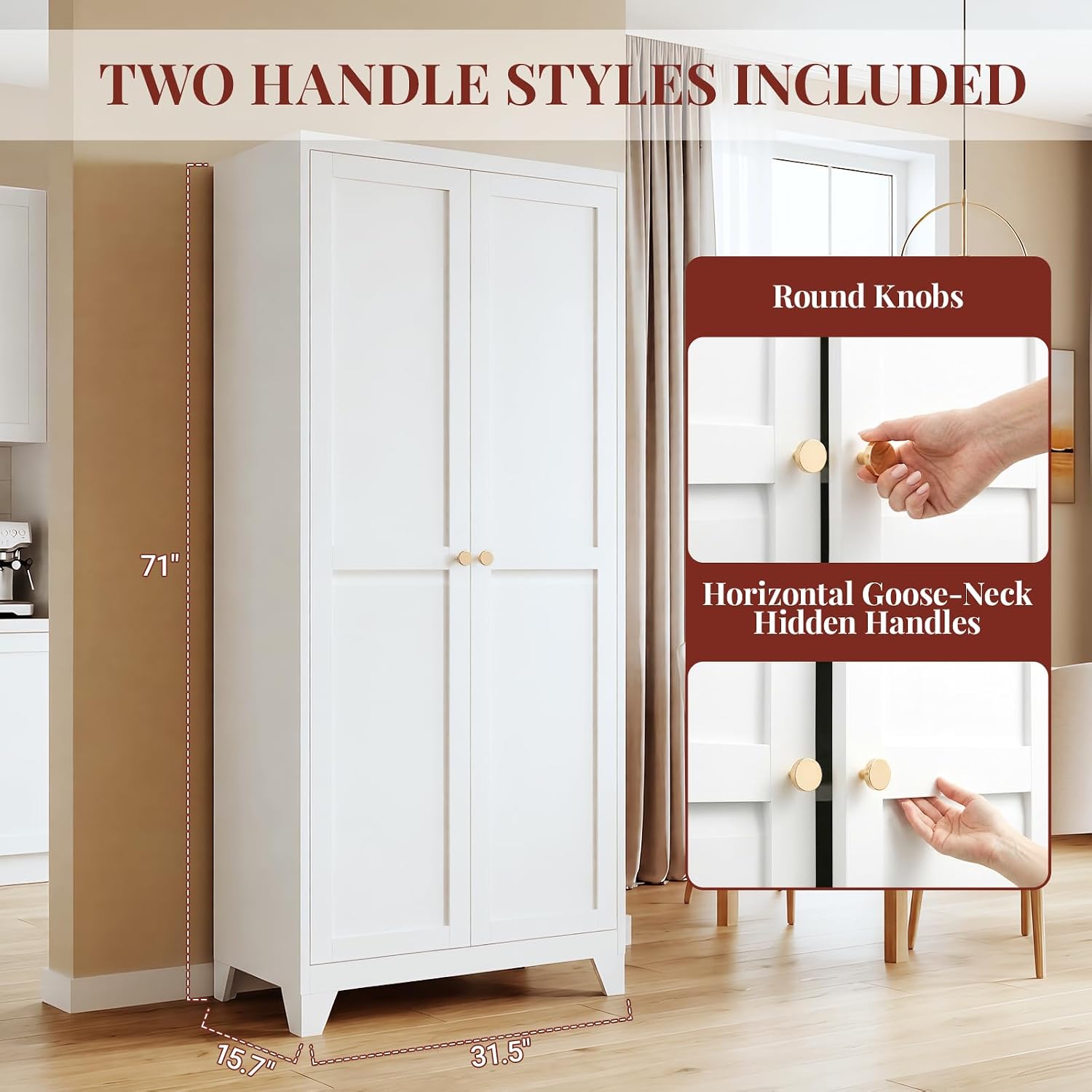 71" Metal Kitchen Pantry Cabinet with Dual Handles & Adjustable Legs, Freestanding Storage Cabinet with Doors and 4 Adjustable Shelves, Tall Food Pantry for Kitchen Dining Room, White
