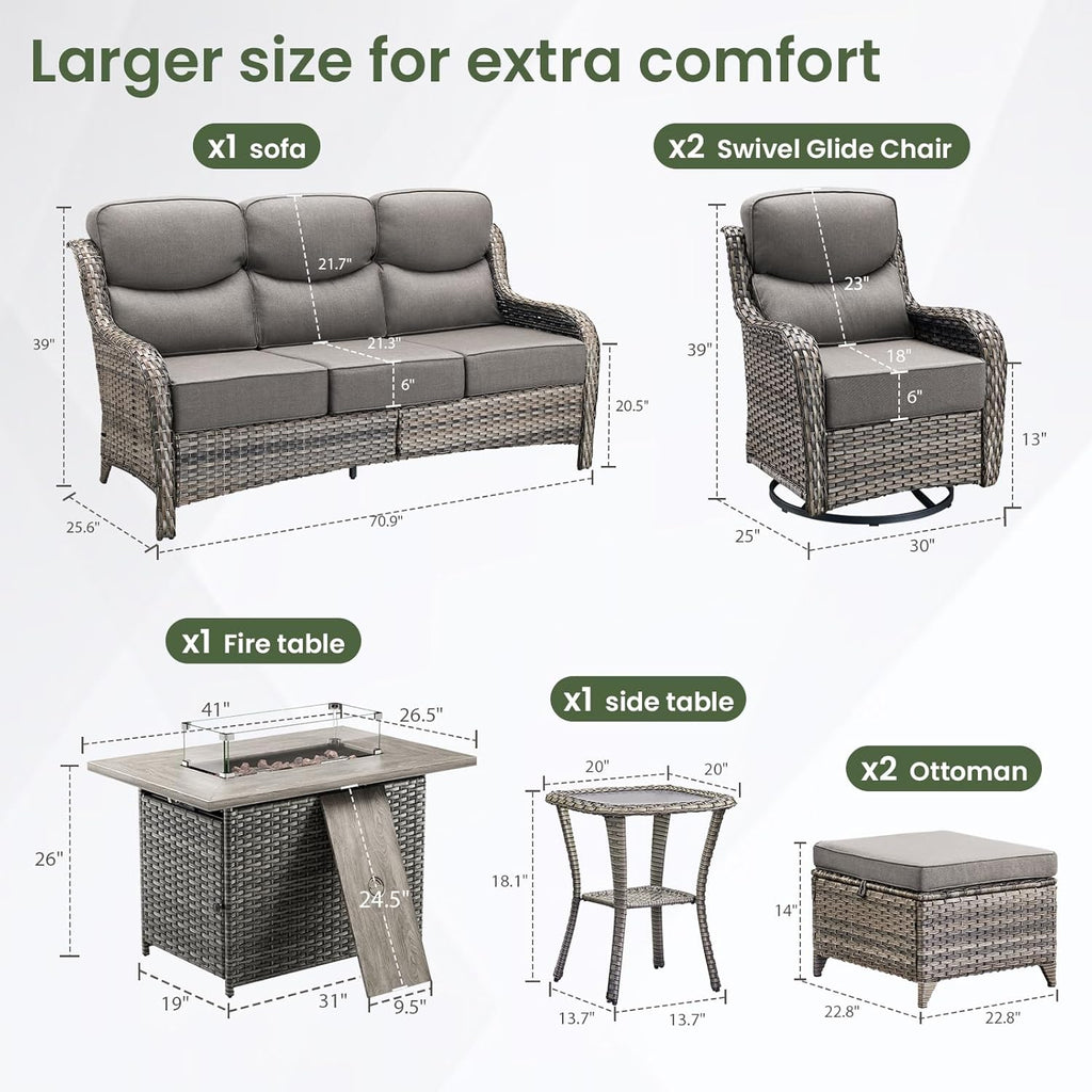 Luxury Patio Furniture Set with 6-inch Thick Cushion, Outdoor Furniture with Fire Pit Table, Swivel Chairs, Sofa, Side Table, Ottomans, 7pcs Wicker Conversation Set (Grey Wicker/Grey Cushion)