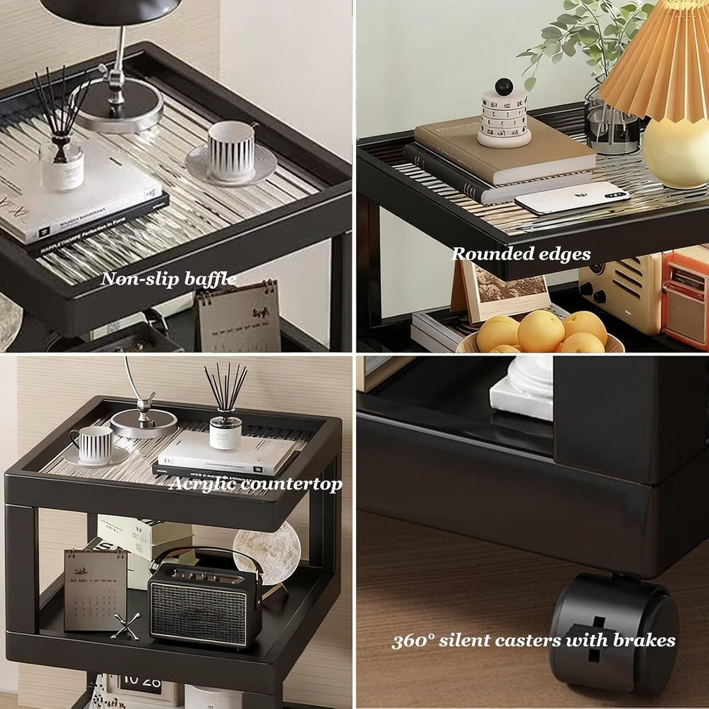 Bedroom Nightstand Cart Mobile Multi-Function Shelf with Lockable Casters, Storage Cart with Wooden Frame for Kitchen Living Room, S-Shaped End Table Bedside Table, Black 11.8x11.8x22in