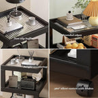 Bedroom Nightstand Cart Mobile Multi-Function Shelf with Lockable Casters, Storage Cart with Wooden Frame for Kitchen Living Room, S-Shaped End Table Bedside Table, Black 11.8x11.8x22in