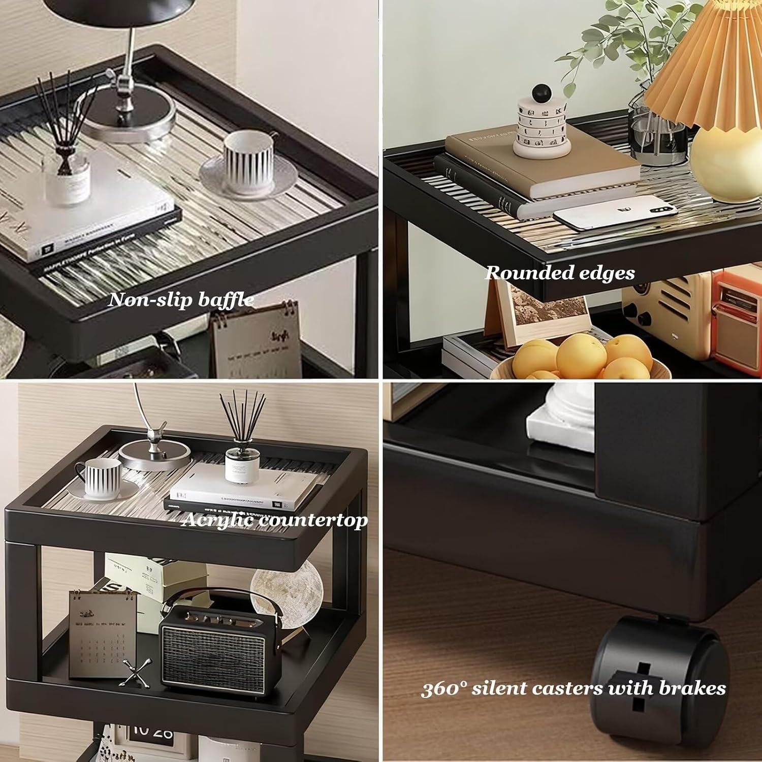 Bedroom Nightstand Cart Mobile Multi-Function Shelf with Lockable Casters, Storage Cart with Wooden Frame for Kitchen Living Room, S-Shaped End Table Bedside Table, Black 11.8x11.8x22in